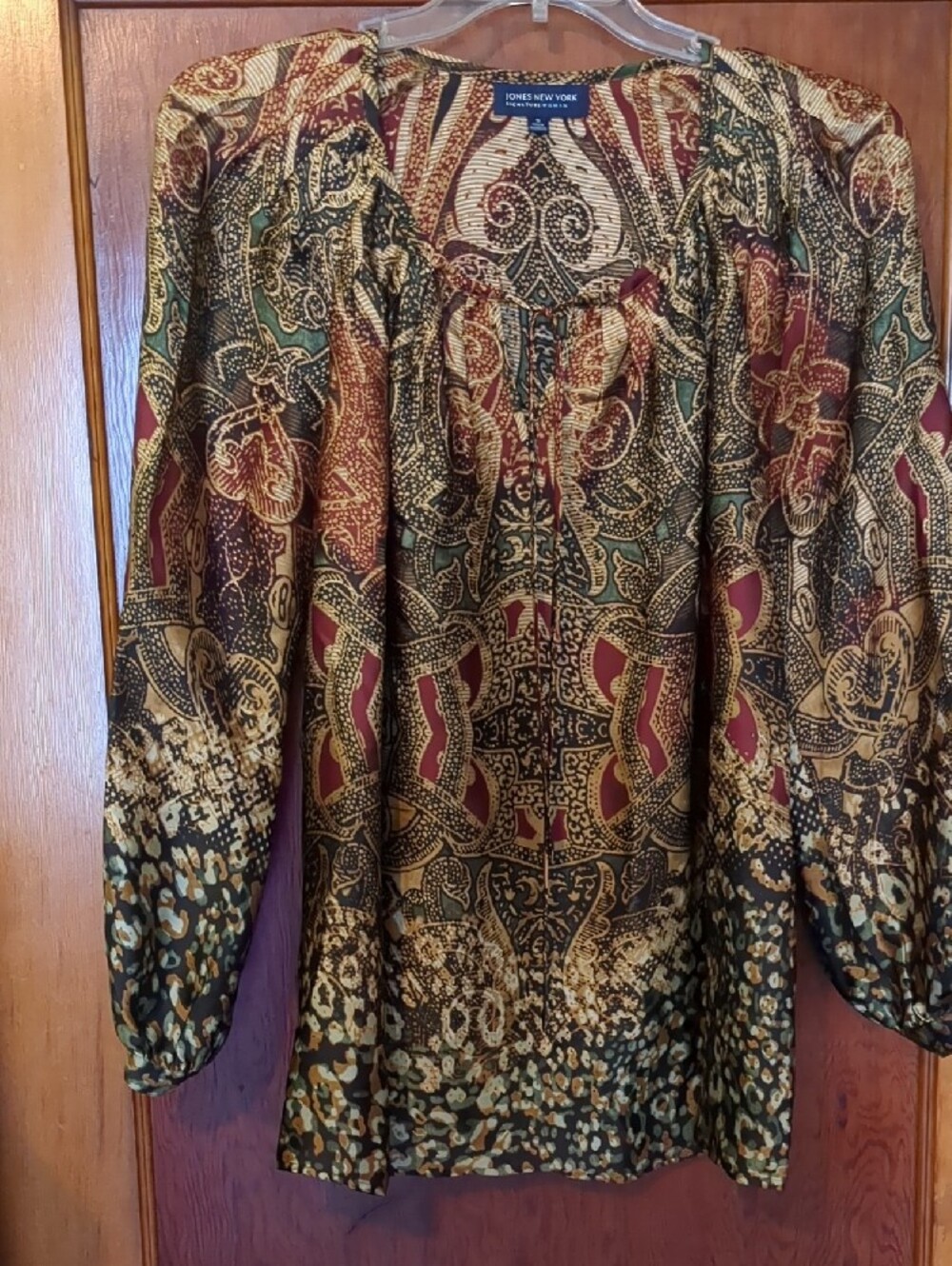 Jones New York Multicolor Paisley Print Blouse - Burgundy, Gold, Green, Black - Picture 2 of 3